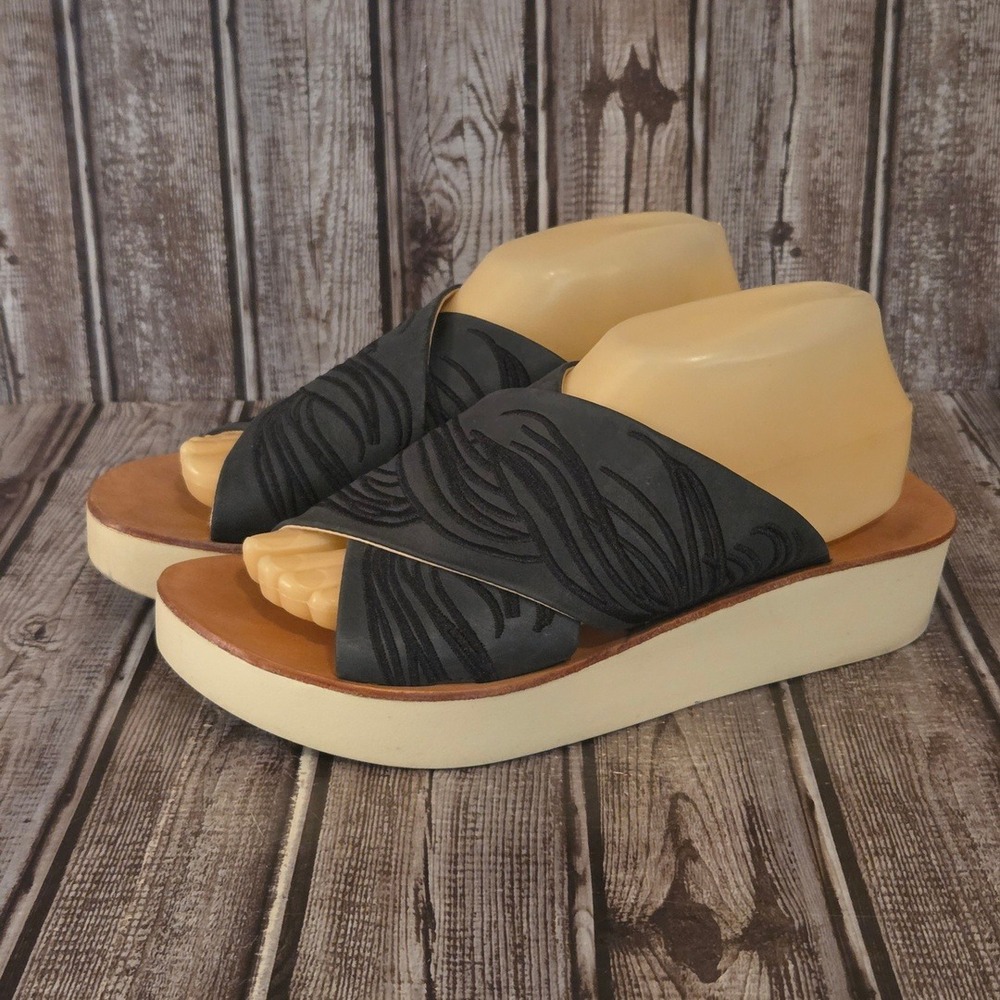 OluKai Black Leather Platform Slide Sandals